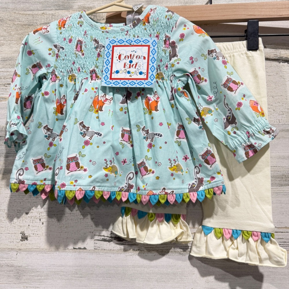 Cotton Kids Tunic Leggings Set Girls 12M Blue Woodland Fox Smocked NWT